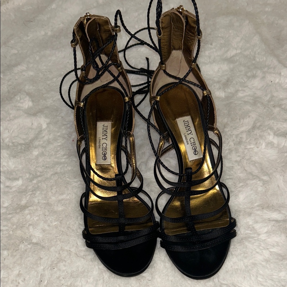 Jimmy Choo Black and Gold Strappy Heels